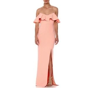 Likely Shania Ruffle Off the Shoulder Evening Dress 2 Peach Maxi High Slit NWT